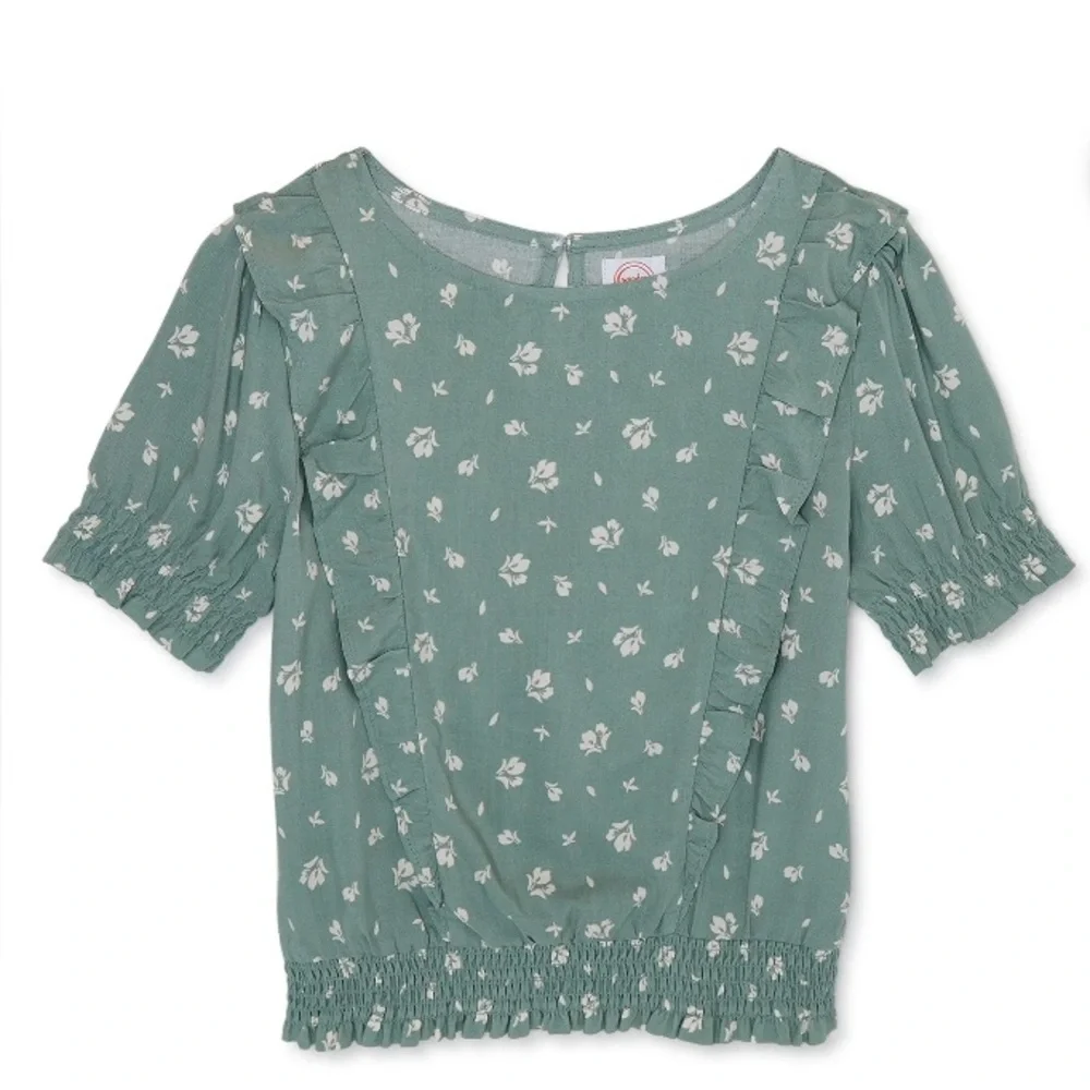 Wonder Nation Green Floral Blouse with Puff Sleeves